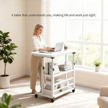 White/Multifunctional Standing Desk, Height Adjustable 23.62"-35.43", Mobile Computer Table With Universal Wheels, Stable And Comfortable, Easy To Install, Convenient Study Table Suitable For Home Office, Sofa, Study Workspace, Spacesaving Furniture - White - View 3