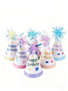 6pcs Silver Foil Fringe Colorful Party Hats, Birthday Party Cone Hats, Cute Cake Cone Birthday Paper Hats, Adorable Crowns, Adult Party Hat Assortment, Bridal Shower Bachelorette Party Decorative Hats, Colored Hats With Gold Decor, Birthday Party Hats - Multicolor - View 5