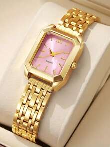 Juego de 6 piezas de relojes para adolescentes - Correa dorada, esfera rosa, reloj de cuarzo de acero inoxidable con collar colgante, pulsera, anillo, aretes, mejor regalo de cumpleaños para ella, adecuado para uso diario, fiestas, eventos, vuelta al colegio, Navidad - Dorado - Ver 5