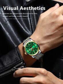 POEDAGAR 1件装男士休闲不锈钢石英双日期手表，商务防水夜光男士手表，适合日常场合的奢华男士腕表，男士礼物 - 綠色 - 查看 10