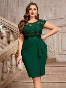Plus Sequin Lace Bodice Ruffle Split Thigh Wrap Hem Cocktail Party Bodycon Dress, Valentine's Day Dress, Summer Dress, Evening Party Dress, Graduation Dress, For Birthday, Wedding Guest, Homecoming - Dark Green - View 6