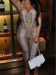 女士露背细肩带蛇纹印花两件套，性感派对风，中等弹力面料，休闲优雅夏季派对装扮 - 蛇紋印花 - 查看 13