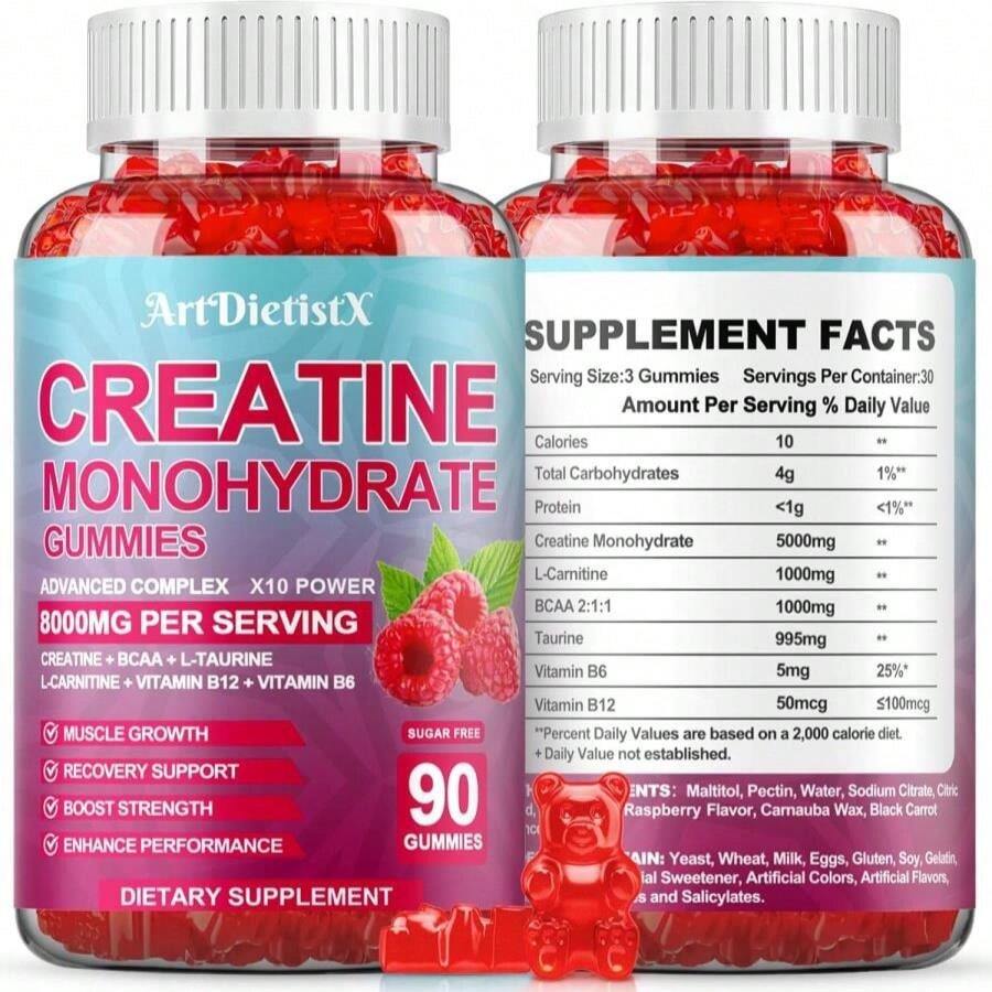 Creatine Monohydrate 8000mg Gummies With BCAA, L-Carnitine, Taurine &Amp; Vitamin B12 - Pre Workout Supplement For Muscle Growth, Strength &Amp; Energy - Pineapple Flavor Gummies, 180 Count For Men &Amp; Women - Flavor NameC - 查看 1