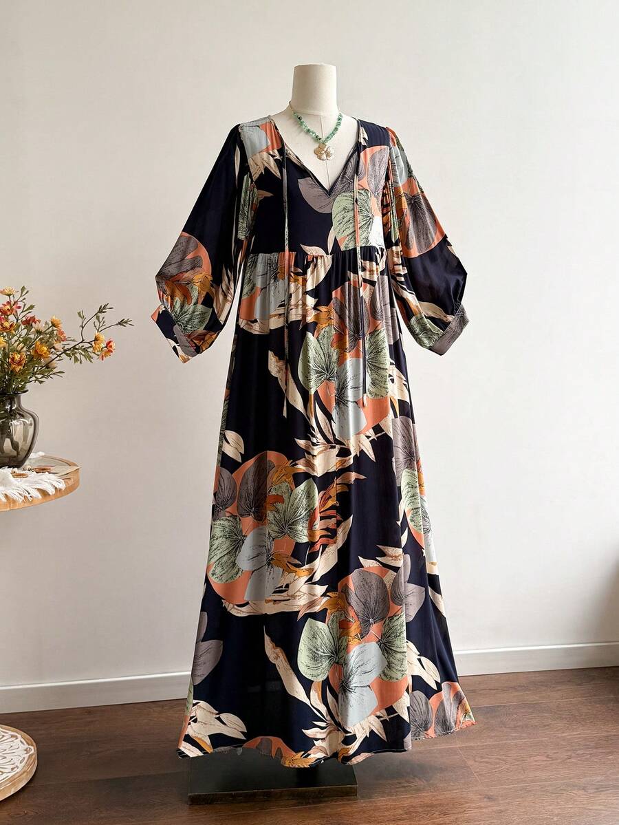 Rusttydustty Đầm maxi dáng rộng phong cách Bohemian cho nữ cỡ lớn, họa tiết hoa, thích hợp mặc đi biển, dự lễ hội âm nhạc, mang đến vẻ đẹp nhiệt đới mùa xuân thanh lịch. - Màu xanh hải quân - Xem 1
