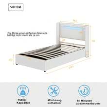 Polsterbett Kinderbett 90x200 Bett mit LED-Lichtleiste, Bluetooth-Player und USB-Aufladung, PU-Leder-Aufbewahrungsbett, Hochbettkasten, Jugendbett mit Lattenrost