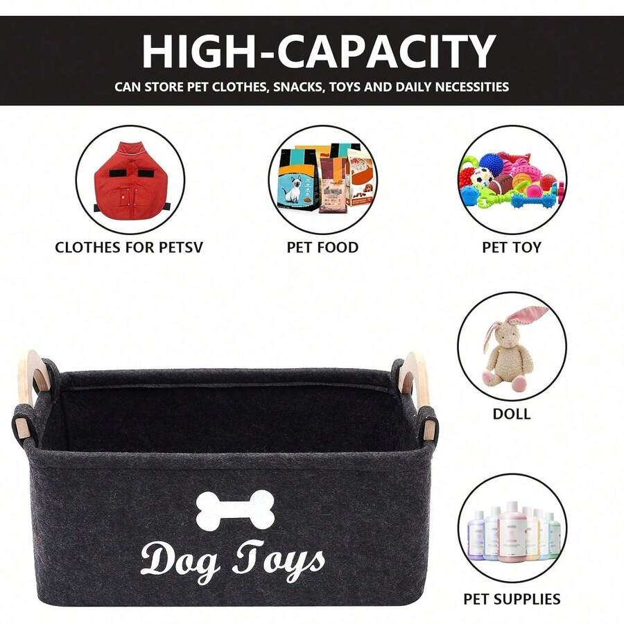 Storage Basket With Wooden Handle, Pet Gear Storage Basket, Cute Pet Bone Pattern, - Perfect For Storing Pet Gear, Blankets, Leashes, Treats And Other Items - màu đen - Xem 1