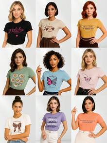 Kit 8 T-shirt Feminina Sortidas Básicas Casuais 100% Algodão Premium - Multicolorido - Visão 2