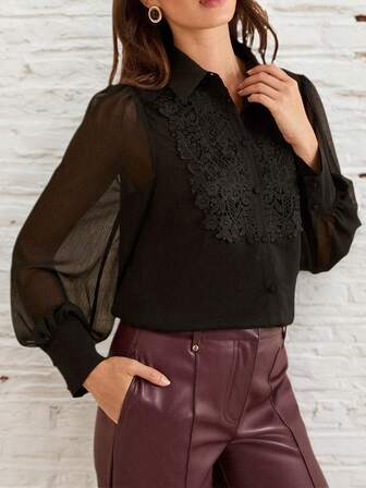 Plusstorlekar Dam Svart Spetsmönstrad Långärmad Tröja Modern Chiffong Patchwork Långärmad Tröja, Hösttyg För Dam Lätt Skjorta i Fransk Stil