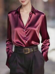 Women's Elegant Commuter Striped Print Shirt, Fashionable Casual Textured Top, Smooth Polyester Fabric, Machine Washable, Opaque, Button Detail, Suitable For Office, Commute, And Light Business Occasions