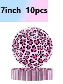 10pcs Pink Leopard Print Themed Party Tableware Set Paper Plates, Cups And Napkins. Ideal For Camping, Travel And All Manner Of Events. Birthday Party Supplies. - Multicolor - View 8