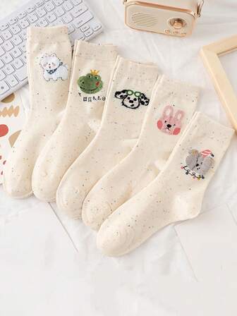 5 双女士波尔卡圆点卡通可爱透气吸湿排汗中筒袜，秋冬
