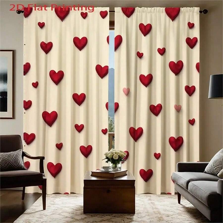 2pcs Heart Pattern 2D Flat Print Curtains, Red & Pink Home Decor. Polyester Fabric Curtains With Rod Pocket, Elegant Design Suitable For Living Room, Bedroom, Study, Kitchen, Patio - Multicolor - View 1