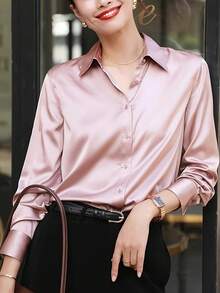 Áo kiểu nữ thanh lịch, sang trọng, màu trơn, chất liệu satin giả lụa, tay dài, thích hợp cho công sở, mùa xuân. - Bụi hồng - Xem 4