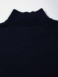 Men's Casual Loose Solid Color Ribbed English Letter Knitted Zip-Up Half-Turtleneck Cardigan Sweater, Versatile For Commuting, Autumn/Winter - Navy Blue - View 5