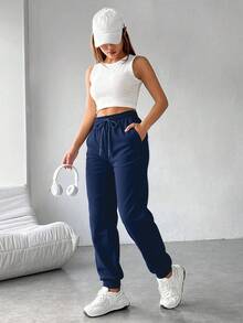 Pantalones Largos de Moda para Mujer - Cómodos y Casual con Bolsillos y Cintura Ajustable con Cuerda - Perfectos para el Día a Día - Azul real 2 - Ver 5