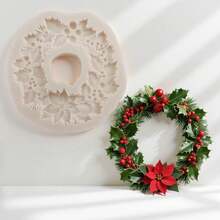 قالب سيليكون لإكليل عيد الميلاد لتزيين كعكة عيد الميلاد وأعمال فنية من الطين لعيد الميلاد للاستخدام مع الفوندان والمعجون اللدن والطين الجاف الهوائي من قوالب عيد الميلاد المناسبة لصناعة الشموع
