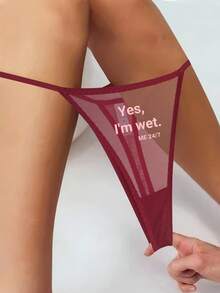 Women's Sexy Semi-Sheer Letter Print Breathable Thong Panties - Burgundy - View 4