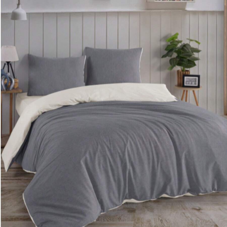 Double Bed Duvet Cover Set – 200x220 Cm Duvet, 180x200 Cm Fitted Sheet & 2 Pillowcases (50x70 Cm) – 80% Cotton, 20% Polyester – Soft, Durable & Easy-Care Bedding – Made In Turkey - Dark Grey - View 1