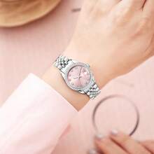 SHENGKE Women's Crystal Accented With Solid Alloy Steel Band Watch Elegant Dress Quartz Calendar Watches For Women - 銀粉色 - 查看 3