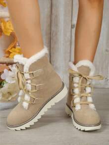 New Women's Winter Velvet Mid-Calf Warm Boots, Snow Boots, Fashionable And Versatile Lace-Up Non-Slip Thick-Soled Boots - Màu Khaki - Xem 2