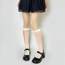 Benefeet Sox Lace Knee High Socks Women Girls Patterned Mesh Fishnet Knee High Stockings Hollow Calf Lolita Sock{"Color_name":"Creamy-SatinRuffleBow"} - 奶油緞荷葉邊蝴蝶結 - 查看 8