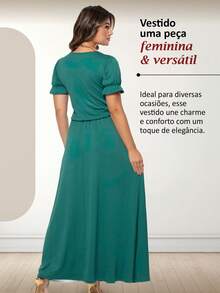 Vestido Longo com Mangas Bufantes e Saia Godê –Moda Feminina - Verde - Visão 5