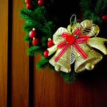 6/12/24 Colgante Campanas navideñas doradas con moño rojo decorativo y brillo, adorno para puerta, chimenea o pared, decoración navideña elegante y festiva para el hogar colgante para interiores y exteriores, ideal para realzar tu ambiente navideño, adorno festivo para casa, oficina o árbol de Navidad - 24Pcs - Ver 10