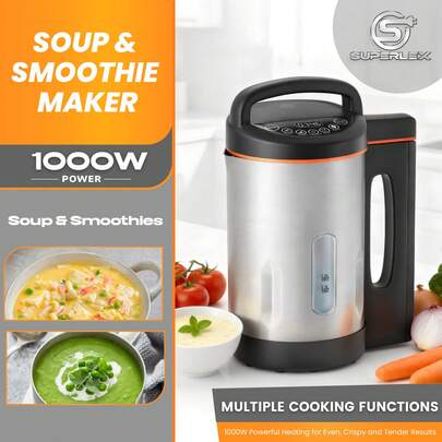SUPERLEX Soup Maker 1.8L Variable Capacity, 25 Minutes Quick Cooking, With Smart Touch Convenient Control, 1000W Motor, Stainless Steel Pot Easy Clean Design, Suitable For Family/Single Use