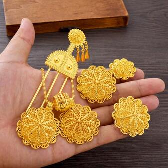 4 st/set Gyllene/silver klassiska hängsmycken med ihåliga blommor design, örhängen, ringar, halsband, hårklämmor, festpresent