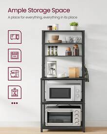 Kitchen Storage Rack, Coffee Bar, Baker's Rack, Total 6 Shelves And 6 Hooks, For Microwave, Steel Frame, Industrial, 40 X 60 X 167 Cm, Charcoal Grey And Ink Black - Black - View 3