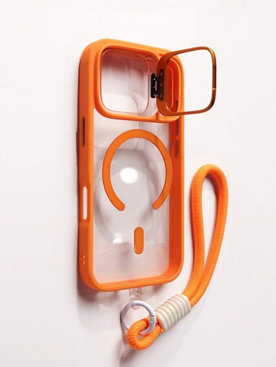 1个豪华镜头框支架磁吸手机壳+短挂绳，兼容 17 Pro Max/16/15/14/13/12 Pro Max Plus，支持无线充电，防震盔甲框透明保护壳带镜头玻璃 - 橘色 - 查看 1