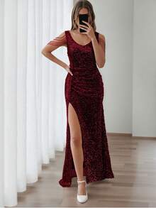 大码女士V领开衩褶皱亮片优雅正式礼服 - 酒紅色 - 查看 1