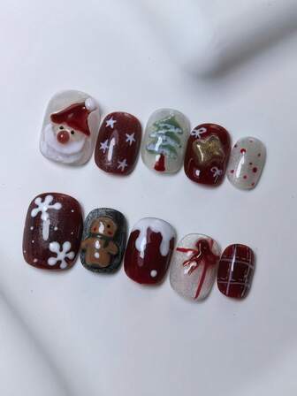 10pcs/Set Handmade Christmas Themed Oval Nail Tips, Medium Size, 3D Embossed & Hand-Painted Santa Claus, Christmas Tree, Gingerbread Man Patterns, Perfect For Christmas Parties And Holiday Occasions