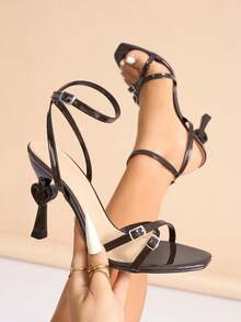 Women's Classic Fashion Buckle Decor Small Square Toe Heart-Shaped Stiletto High Heel Sandals, Soft Texture Mirror Surface Material, Ankle Strap, Suitable For Christmas, All Seasons, Night Party, Banquet, Shopping, Dating, Gift, Avant-Garde Sexy Luxurious Style, Coffee Brown High Heels To Match Autumn Women's Wear,Spring Summer Outfits - Coffee Brown - View 15
