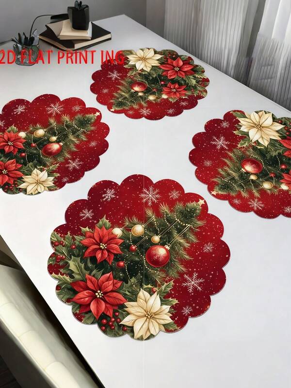 4 Pacotes Conjunto de Jogos Americanos de Natal - Design de Árvore Floral Antiderrapante | Decoração de Mesa Lavável, Essenciais para Jantar de Feriado, Acessórios de Cozinha Festivos