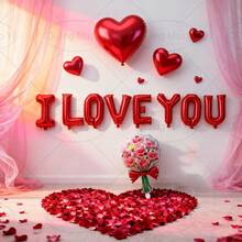 16" I Love You Balloon, Rose Bow Bouquet Decoration Set For Valentine's Day, Wedding, Romantic Proposal, Couple Decor, Indoor Decoration, Gift For Couples - Multicolor - View 1