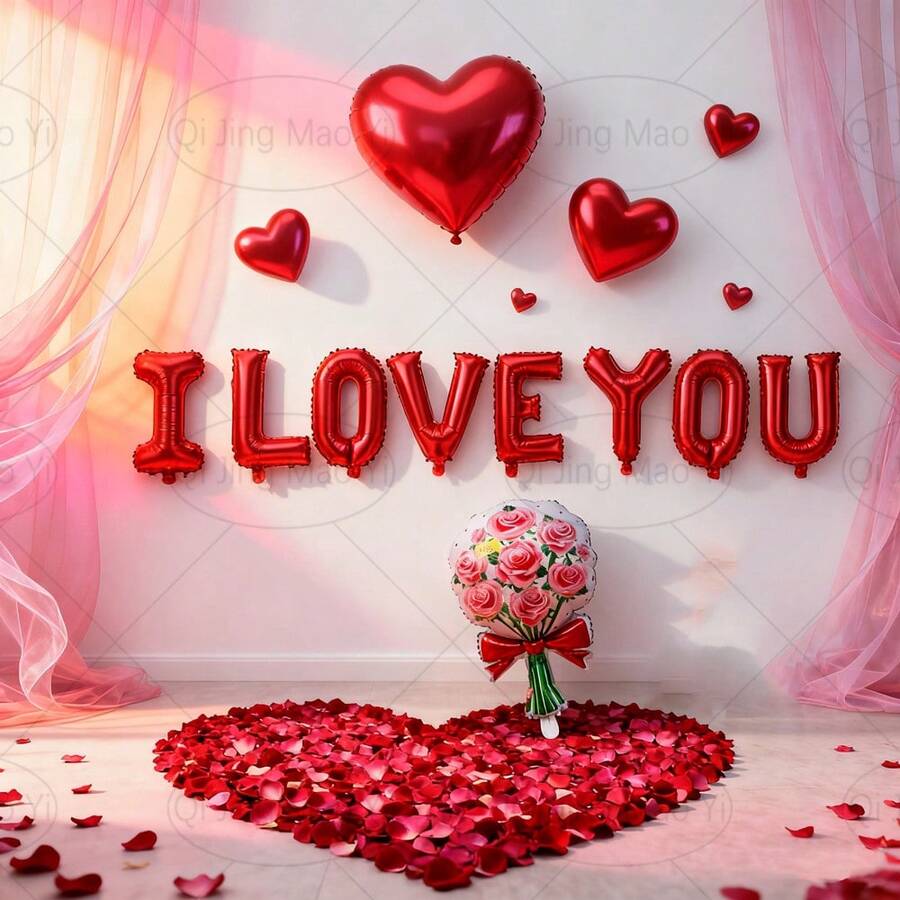 16" I Love You Balloon, Rose Bow Bouquet Decoration Set For Valentine's Day, Wedding, Romantic Proposal, Couple Decor, Indoor Decoration, Gift For Couples - Multicolor - View 1