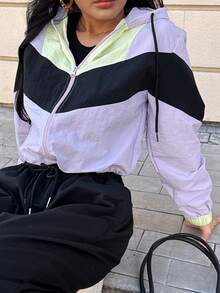 Never me 女士秋冬季防风撞色宽松拉链抽绳连帽夹克，适合休闲约会、健身、防晒和运动穿着。 - 紫色 - 查看 4