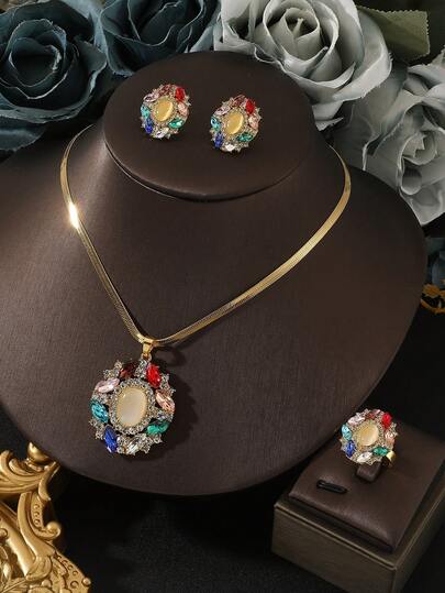 Juego de joyas de 3 piezas con piedra de ojo de gato, collar de cadena de acero inoxidable con colgante de ojo de gato, aretes, anillo abierto, circonita brillante, adecuado para fiesta, banquete, regalo festivo, accesorio versátil