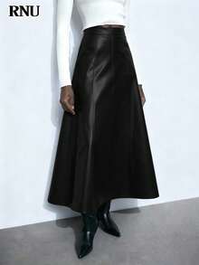 RNU 女士黑色PU皮拉链A字裙，适合情人节、狂欢派对、婚礼等场合，优雅百搭，也适合春夏外出、优雅派对、秋季、鸡尾酒会等场合，时尚优雅，休闲百搭，棕色裙子，春夏款 - 黑色 - 查看 7