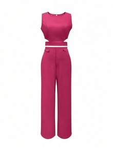 Bộ đồ hai mảnh cài cúc màu trơn thời trang nữ, dáng ôm vừa vặn, kín đáo cho mùa hè. - Màu Hồng Tươi - Xem 5