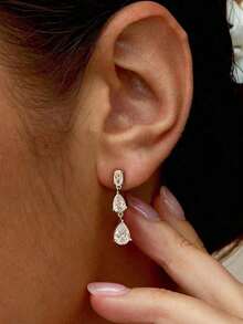 14K Gold Plated Long Cubic Zirconia Teardrop Dangle Earrings, Elegant Bridal Wedding Earrings, Bridesmaid Teardrop Earrings, Formal Occasion Jewelry - Nhiều màu - Xem 3