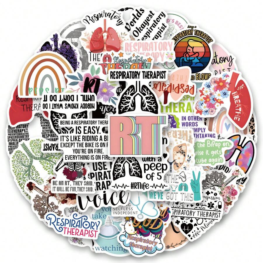 55PCS Respiratory Therapist Stickers Aesthetic Vinyl Stickers High Quality Stickers Decals Scrapbook,Journaling,Laptop,Bumper,Skateboard,Water Bottles,Computer,Phone Stickers Can Bring A Lot Of Fun To Your Life,The Perfect Gift For Adults - Multicolor - View 1