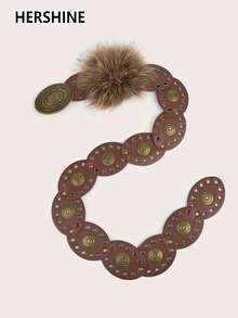 Hershine 1 szt. owalny damski pasek w stylu BOHO Punk w stylu vintage, z siateczki, brązowy pasek z wykończeniem z futra królika, odpowiedni do sukienek, na co dzień i na wakacje, do codziennego użytku na Halloween, lato, szkołę, jesień, Halloween