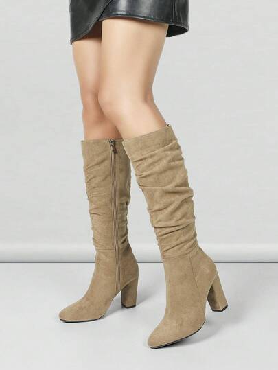 Women's Fashion Khaki Side Zipper Pleated Chunky Heel Over-The-Knee Boots, Retro European And American Style, Stylish For Autumn/Winter, Pointed Toe Boots With High Comfort, Fashionable Women's Shoes For Various Occasions