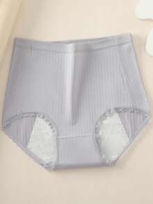 4 piezas Pantalones fisiológicos de cintura alta con paquete abdominal, bragas menstruales de algodón transpirables con encaje en el borde, pantalones de antifugas para damas