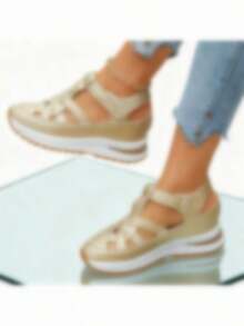 Women's Leather Strap Chunky Heel Waterproof Platform Peep Toe Sandals With Buckle, And Comfy For Summer Vacations, Casual Walks, And Shopping - Vàng - Xem 4