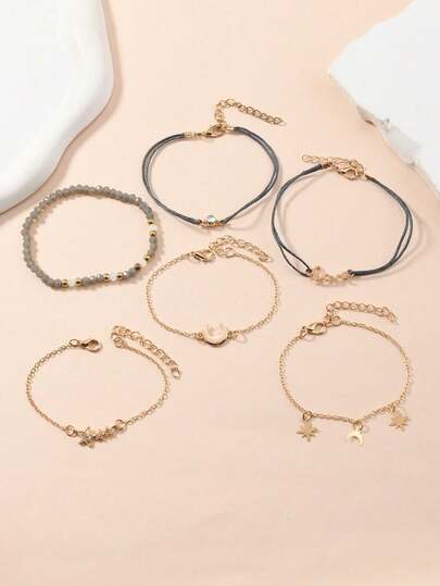 6 قطع/مجموعة أساور نسائية بطراز بوهيمي، مزينة برسائل الحب والنجوم والقمر، مجوهرات أساور بسيطة وعصرية