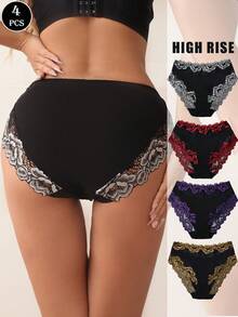 4 件套花卉蕾丝棉质内裤，性感舒适透气弹力内衣内裤 - 彩色 - 查看 2
