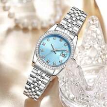 SHENGKE Women's Crystal Accented With Solid Alloy Steel Band Watch Elegant Dress Quartz Calendar Watches For Women - 銀色&天藍色 - 查看 4